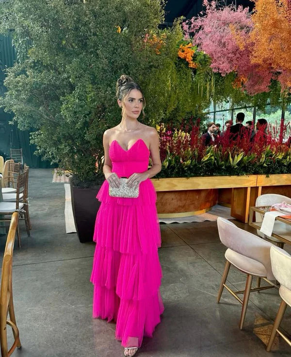 Luolandi Fuchsia Sweetheart A-Line Tulle Tiered Formal Long Party Dress Off Shoulder Sexy Evening Dress